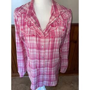 Womens Back in the Saddle Pink‎ White Long Sleeve Button Down Shirt Size M